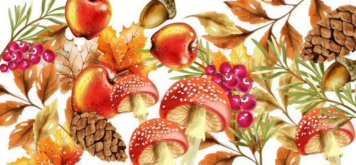 Wall Mural - Autumn harvest pattern Vector. Fall muchrooms and fruits decor posters