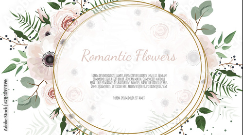 Frame border background. Floral wedding card with rose, anemone and eucalyptu...