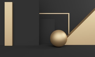 Poster - Geometric dark abstract background with a golden ball. 3d rendering