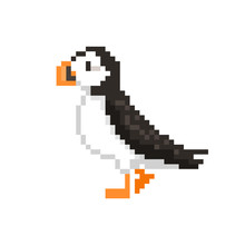 Atlantic Puffin, Pixel Art Bird Character Isolated On White Background. 8 Bit Wildlife Seabird Logotype. Old School Vintage Retro Slot Machine/video Game Graphics.