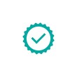 © Ne Mariya - Valid check Seal icon. Blue circle with ribbon outline and blue tick. Flat OK sticker icon.