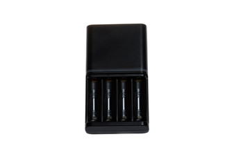 Black Charger for Four Rechargeable Batteries, on white background