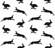 Vector seamless pattern of black hare silhouette isolated on white background