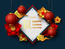 Happy Chinese New Year 2020. Papercut Flowers, Clouds And Hanging Lanterns. Dark Traditional Chinese Background. Translation Year Of The Rat. Vector.