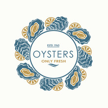 Label Of Fresh Oyster Shell And Lemon Isolated On Light Background