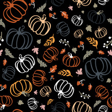 Seamless Pattern Of Colorful Pumpkins With Maple Leaves On Dark Background.