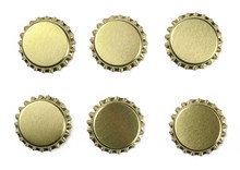 Set New Golden Bottle Cap For Beer Isolated On White, Top View, Macro 