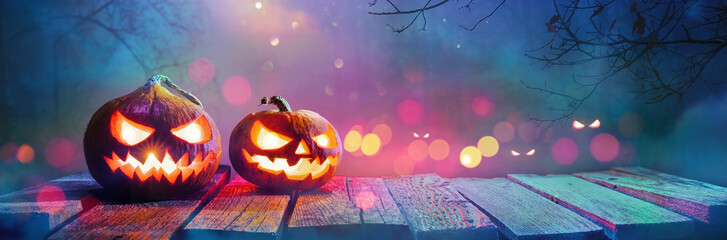 Wall Mural - Jack O' Lanterns Glowing In Fantasy Night. Halloween Background