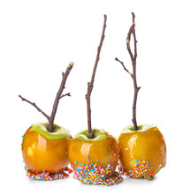 Tasty Candy Apples On White Background