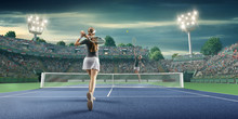 Female Athlete Plays Tennis On A Professional Court