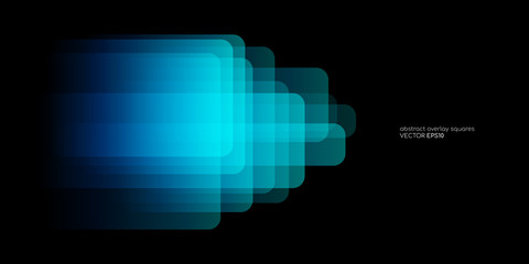 Poster - Abstract geometric rectangle shapes round corner transparent overlay with blue and green light colors isolated on black background. Vector illustration in concept innovation, technology, digital.