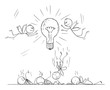 © Zdenek Sasek - Vector cartoon stick figure drawing conceptual illustration of men or businessmen as flies or moths attracted by light bulb, some flying around and some are dead, killed by glow and heat.