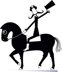 Mustache man in the top hat rides on the horse illustration. Cartoon long mustache man in the top hat rides on the horse black on white