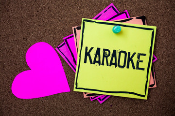 Wall Mural - Text sign showing Karaoke. Conceptual photo Entertainment singing along instrumental music played by a machine Multi colour small sticky boarder notice board thumb pinned heart display