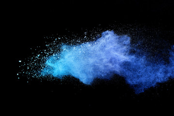 blue powder explosion on black background. colored cloud. colorful dust explode. paint holi.