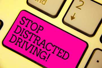 Wall Mural - Word writing text Stop Distracted Driving. Business concept for asking to be careful behind wheel drive slowly Keyboard pink key Intention create computer computing reflection document