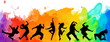 Detailed illustration silhouettes of expressive dance colorful group of people dancing. Jazz funk, hip-hop, house dance. Dancer man jumping on white background. Happy celebration