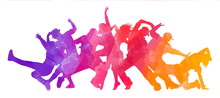Detailed Illustration Silhouettes Of Expressive Dance Colorful Group Of People Dancing. Jazz Funk, Hip-hop, House Dance. Dancer Man Jumping On White Background. Happy Celebration