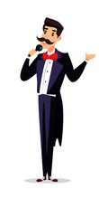 Happy Showman In Tailcoat, Announcer On Stage Vector Cartoon Character. Cheerful Man With Microphone Announcing Performance. Entertainment, Amusement.