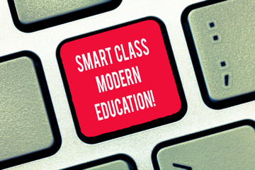 Poster - Writing note showing Smart Class Modern Education. Business photo showcasing Up to date technological classrooms learning Keyboard Intention to create computer message keypad idea