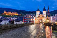 Historic Old Town With Bridge Gate And Heidelberg Castle In The Evening, Heidelberg, Baden-Wuerttemberg, Germany