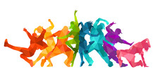 Detailed Vector Illustration Silhouettes Of Expressive Dance Colorful Group Of People Dancing. Jazz Funk, Hip-hop, House Dance. Dancer Man Jumping On White Background. Happy Celebration