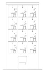 Poster - Vector cartoon stick figure drawing conceptual illustration of lonesome frustrated people sitting alone in depression in their homes in apartment building.