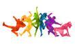 © Razym - Detailed vector illustration silhouettes of expressive dance colorful group of people dancing. Jazz funk, hip-hop, house dance. Dancer man jumping on white background. Happy celebration
