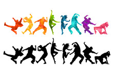 Detailed Vector Illustration Silhouettes Of Expressive Dance Colorful Group Of People Dancing. Jazz Funk, Hip-hop, House Dance. Dancer Man Jumping On White Background. Happy Celebration