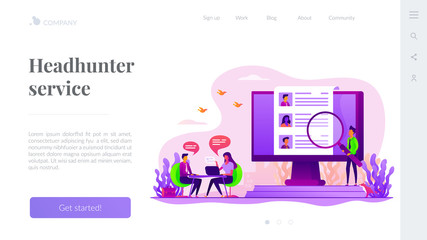 Sticker - Job interview. Employee hiring. HR management. Employment service. Candidates seeker. Human resources, HR team work, headhunter service concept. Website homepage header landing web page template.