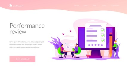 Poster - Employment service, recruitment agency. Candidate sourcing, HR interview. Employee evaluation, assessment form and report, performance review concept. Website homepage header landing web page template