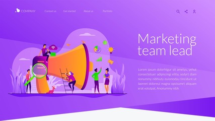 Sticker - Partners cooperation. Colleagues coworking. Digital marketing team, success metrics, marketing team lead, team responsibilities concept. Website homepage header landing web page template.