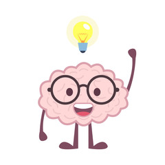 Poster - Cartoon brain character with lightbulb. Having an idea concept. Vector illustration.
