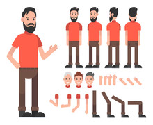 Man Character With Beard. Front, Side, Back View Animated Characters. Vector Illustration.