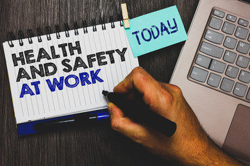Poster - Word writing text Health And Safety At Work. Business concept for Secure procedures prevent accidents avoid danger Paperclip grip sticky note with text hand hold pen computer on wooden desk
