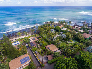 Aerial view of Oceanfront homes on the north shore of Oahu Hawaii