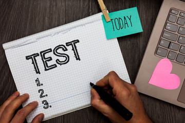 Poster - Text sign showing Test. Conceptual photo Academic systemic procedure assess reliability durability proficiency Appointment daily graph paper love lovely hart laptop notebook netbook