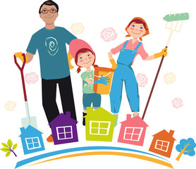 Family participating in a community clean-up event, EPS 8 vector illustration