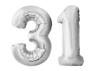 Number 31 thirty one made of silver inflatable balloons isolated on white background. Chrome silver balloons forming 31 thirty one. Birthday concept