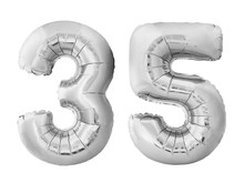 Number 35 Thirty Five Made Of Silver Inflatable Balloons Isolated On White Background. Chrome Silver Helium Balloons Forming 35 Thirty Five. Birthday Concept