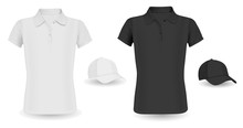 Baseball Cap Template And Polo Shirt Mockup. Black And White Vector Tshirt Isolated On Background. Realistic Wear Outfit Short Sleeve Polo Promotion. Shirt With Collar, Visor Hat Casual Clothing