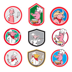 Wall Mural - Set or collection of cartoon character mascot style illustration of pig, hog or boar as worker, chef, cook, butcher, waiter, cowboy, soldier, military personnel set in circle, oval, crest or shield.