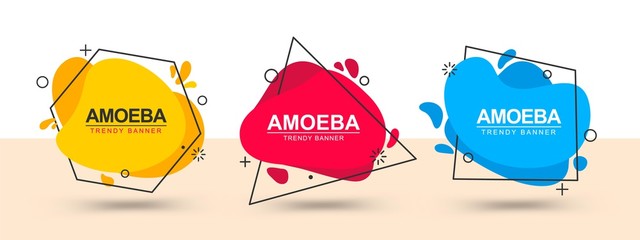 Poster - Collection of modern bright geometric banners. Vector banners in the style of memphis. Template ready for use in web or print design. Liquid flat design element.
