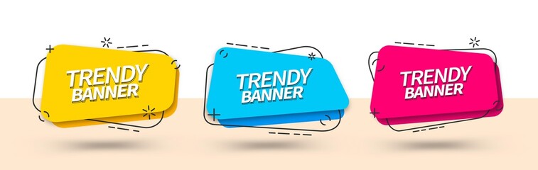 Poster - Bright banner templates for use in web and print. Ready templates yellow, blue and red color. Vector trendy banners of square shape.