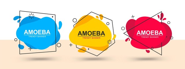 Poster - Set of modern bright banners blue, yellow and red color. Vector banners in the style of memphis. Template ready for use in web or print design. Liquid flat design element.