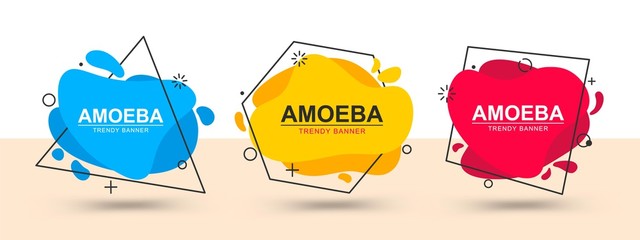 Poster - Set of trendy bright banners blue, yellow and red color. Vector banners in the style of memphis. Template ready for use in web or print design. Liquid flat design element.