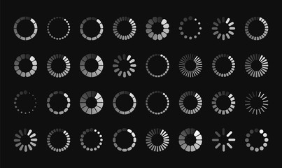Poster - Loading sign, symbol progress bar for upload download round process. Loader icon big set isolated on black background. Vector load icon.