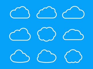 Poster - Cloud icon vector. Set of contour cloud flat icons isolated on blue background. Symbols for web, logo, app, ui.