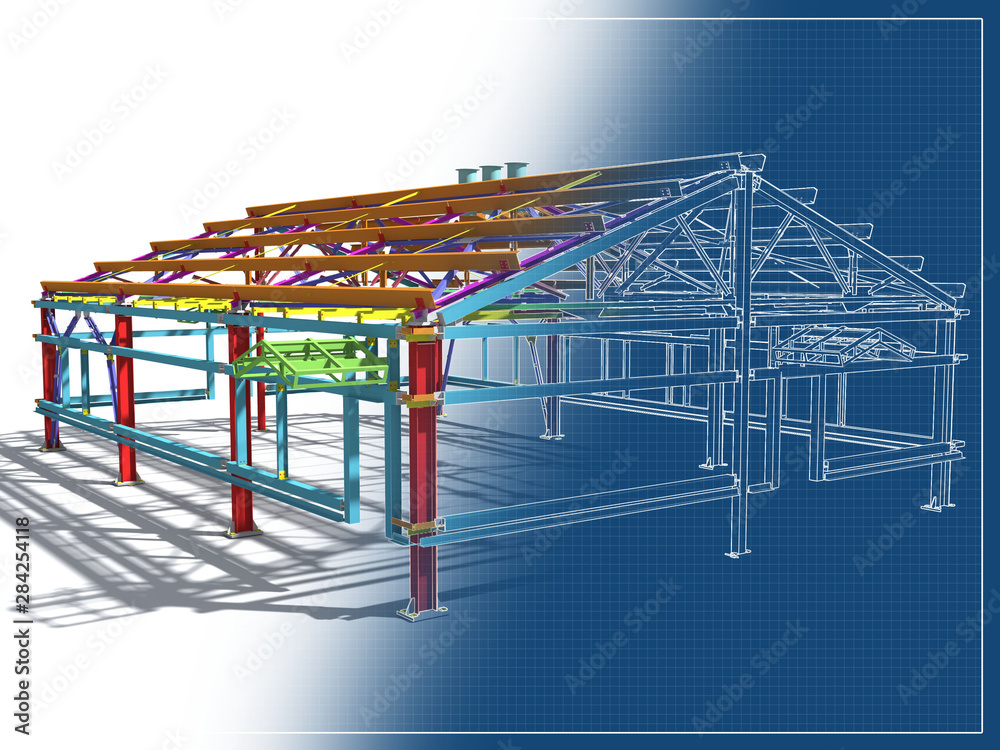 Ilustração 3D BIM model. Building Information Model of metal structure ...
