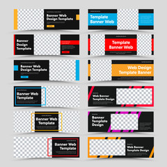 Poster - Set of horizontal black vector web banners with place for photo and text and colored rectangles, frames and diagonals.